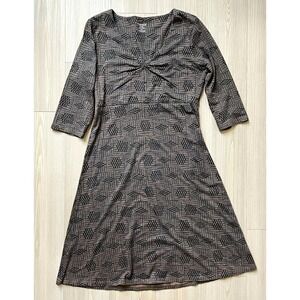 Toad&Co Women's Brown Geometric Print V-Neck Neutral A-Line Dress Sz S Teacher